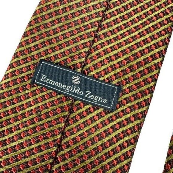 Ermenegildo Zegna Italian Silk Neck Tie Checkered Stripe Print 58" Long Red Gold - Picture 6 of 9